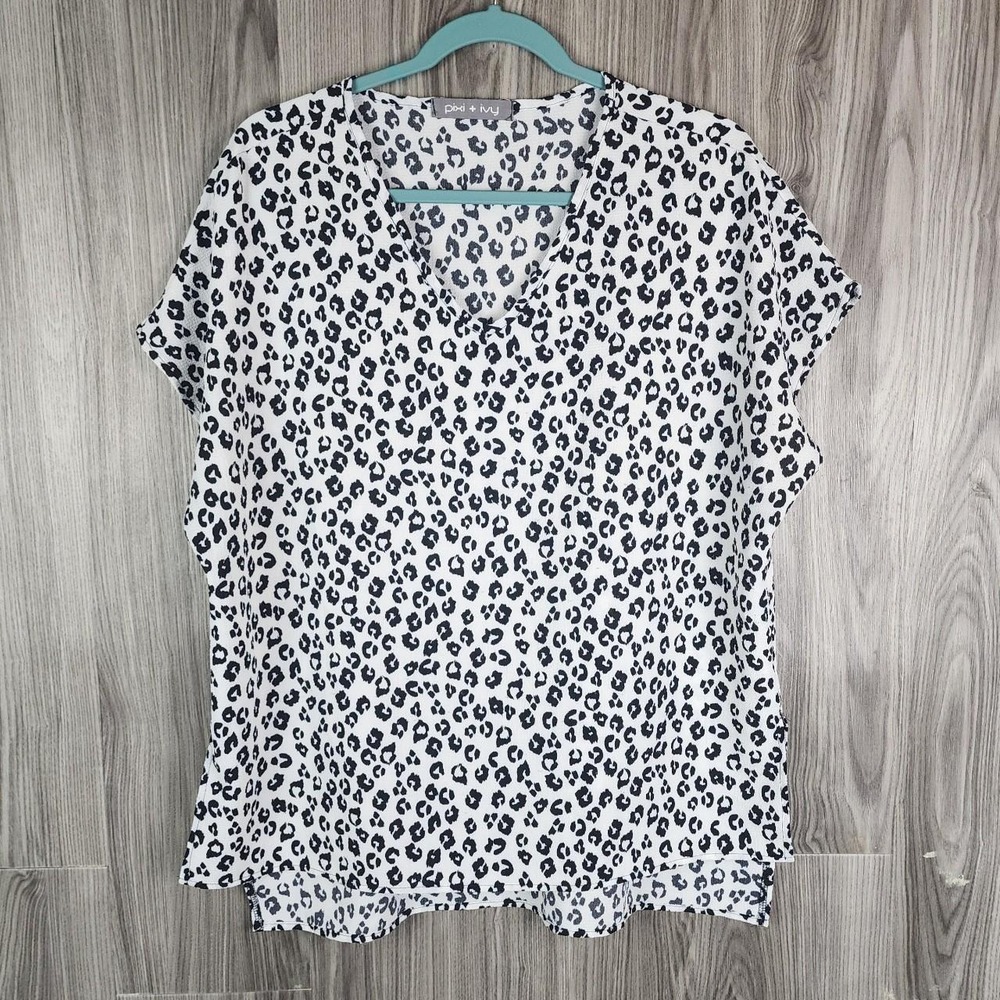 Pixi‎ + Ivy Women Leopard Animal Print V-Neck Blouse White Black Small T4857-S